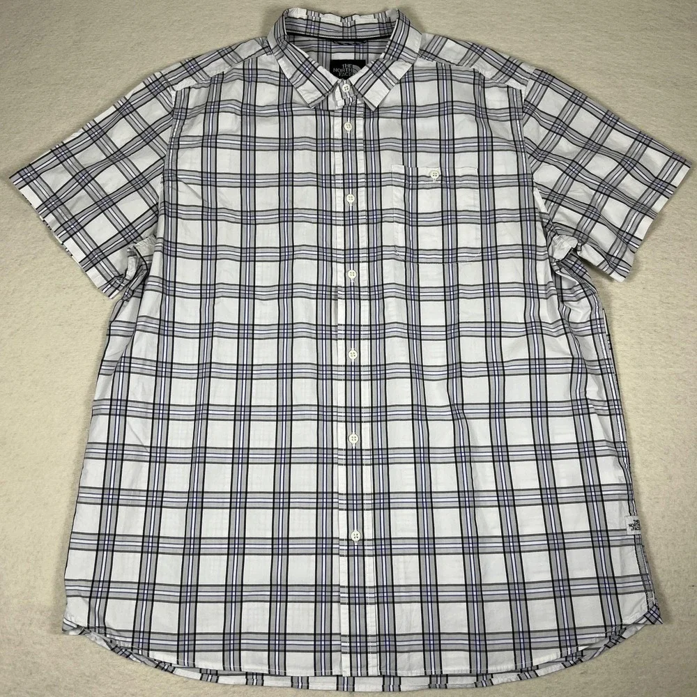 The North Face Shirt Mens 2XL White Blue Plaid Short Sleeve Button‎ Front